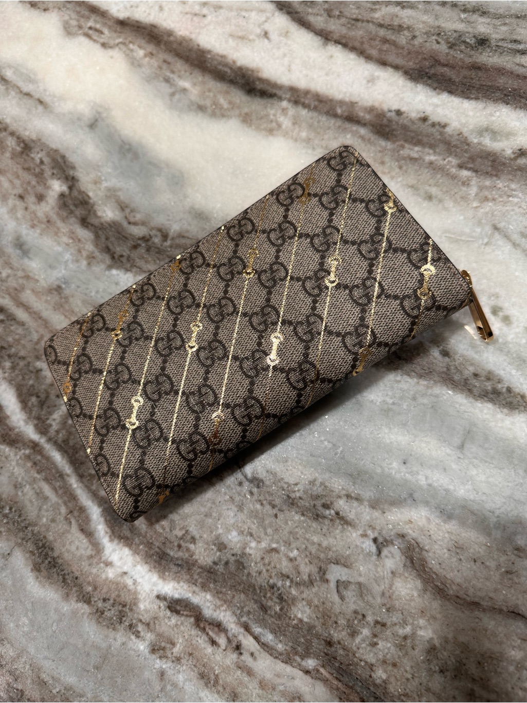 Gucci Brown Monogram Zip Wallet With Gold Stripe Detail